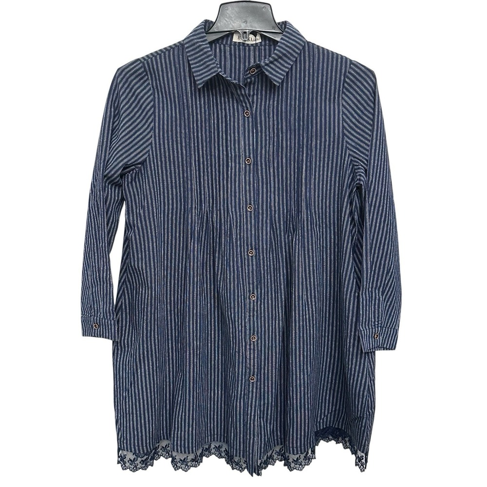 Buykud Womens Size Large‎ Cotton Shirt Dress Pockets Blue & White Boho Revival